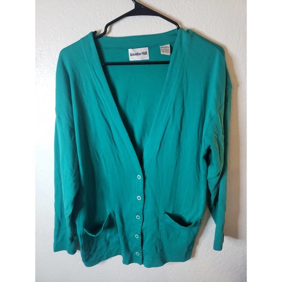 Jennifer Hill Deep V- Neck Cardigan sweater Womens Large Green Made in Jamaica - Picture 1 of 4